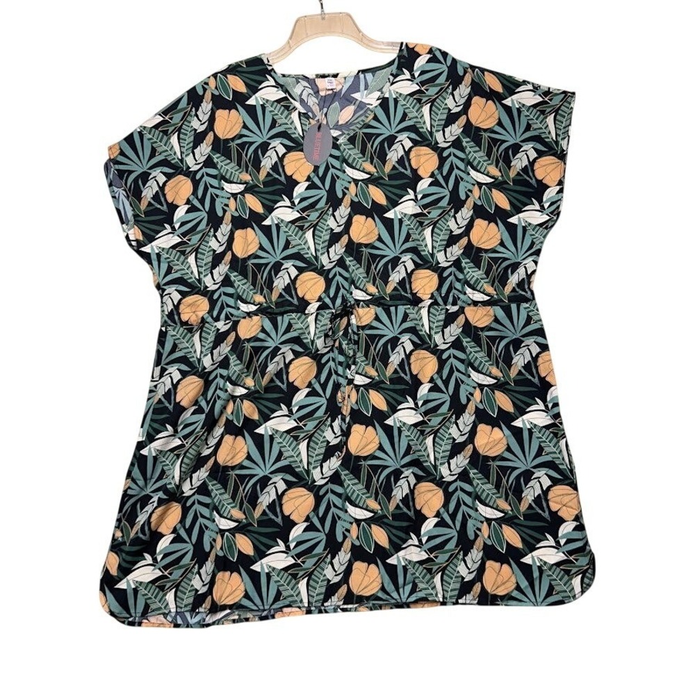 Bluetime Womens 2XL Tropical Floral Drawstring Waist‎ Tunic Top  New